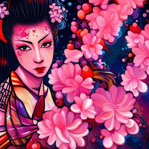 Geisha in Cherry Blossom Graffiti Art