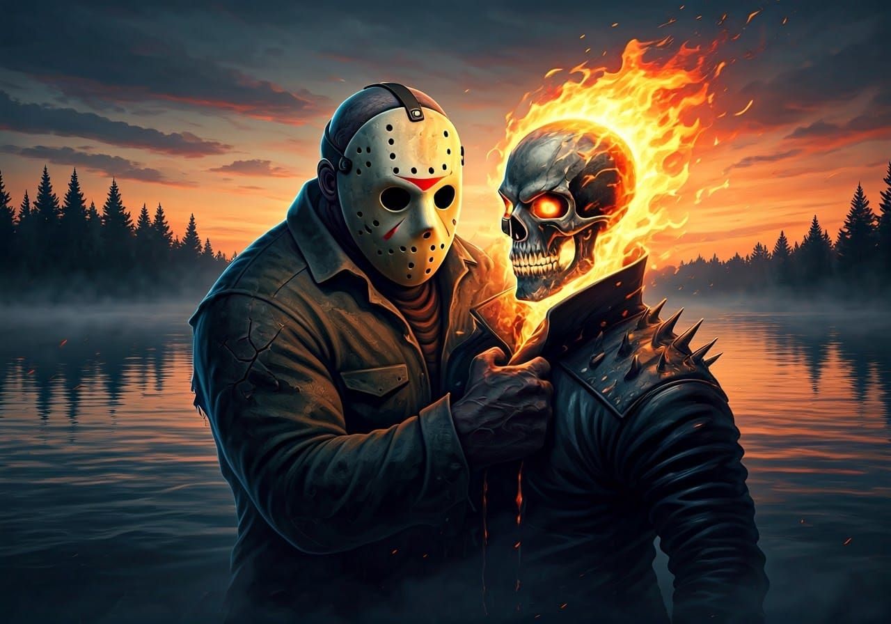 Jason Voorhees attacking The Ghost Rider, while the latter d...