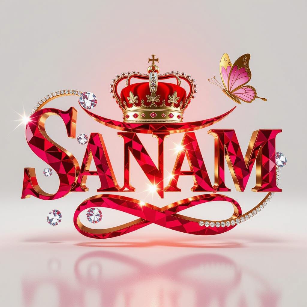 Sanam Ruby Name 3D Render with Crown and Butterfly
