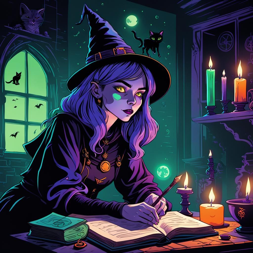 Teenage Witch and Cat in Flat Comic Style