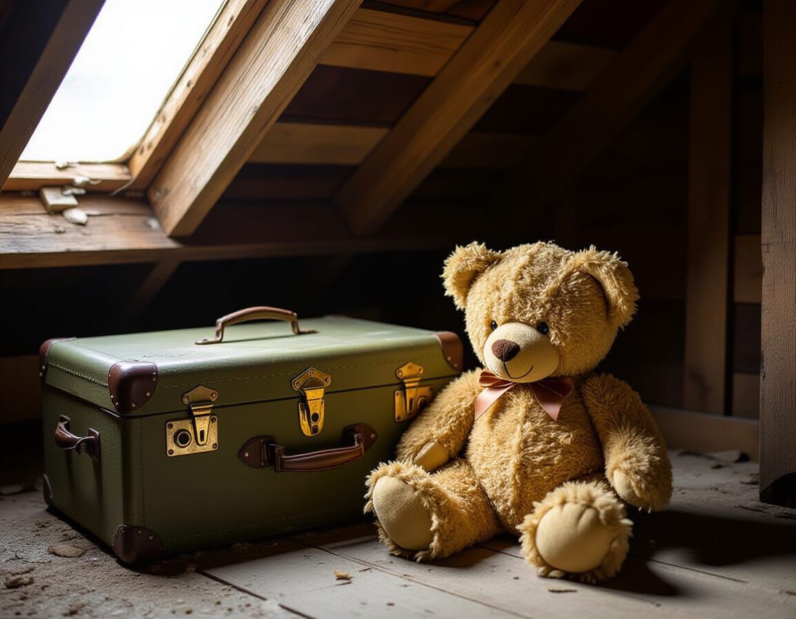 Sad Teddy Bear in Dusty Attic with Steamer Trunk