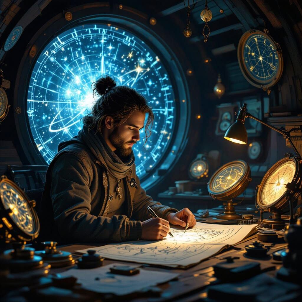 Celestial Cartographer in Star Observatory, Digital Art