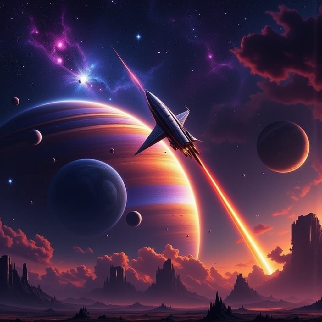 Rocket Ship Circling Saturn in Post-Apocalyptic Style