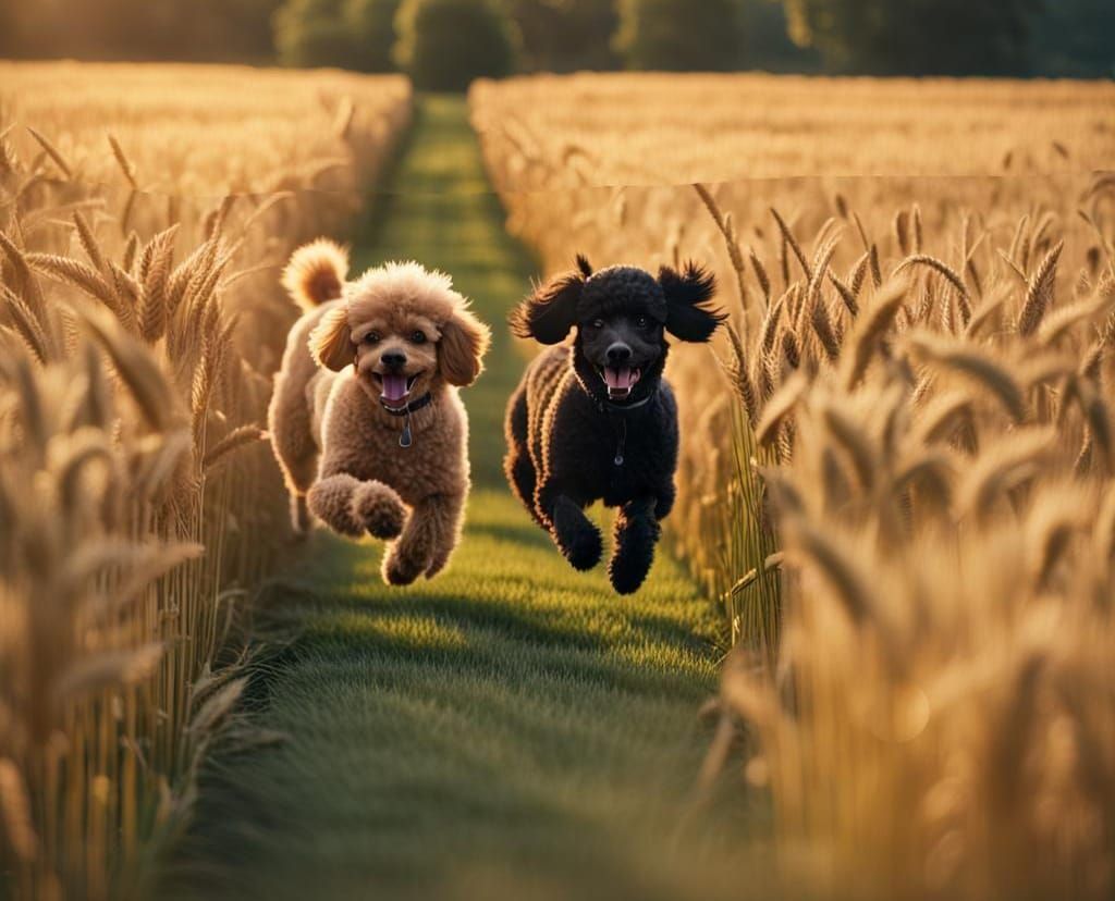 Poodles Running Through Wheat Field at Sunrise
