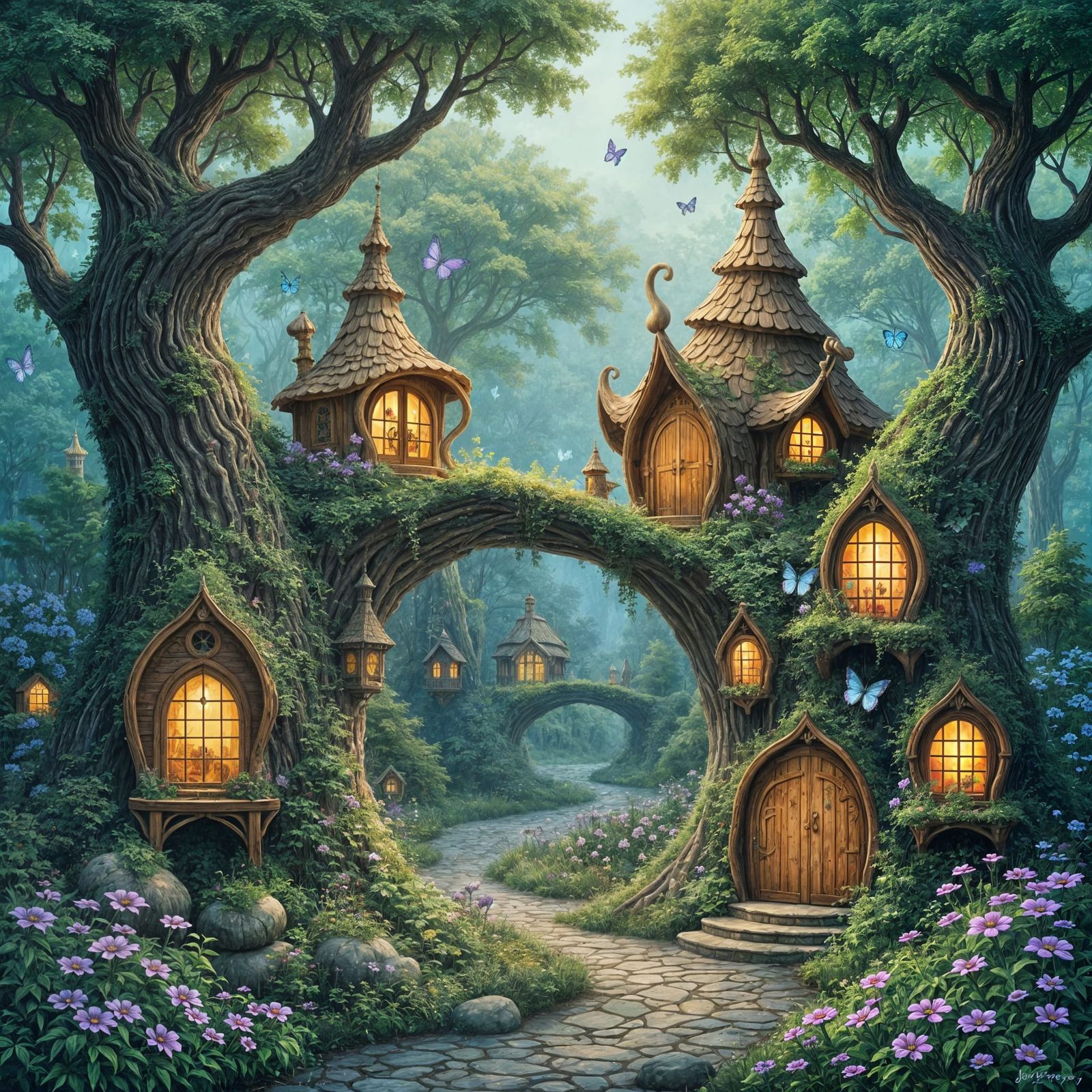 Whimsical Art Nouveau Fantasy Forest Scene