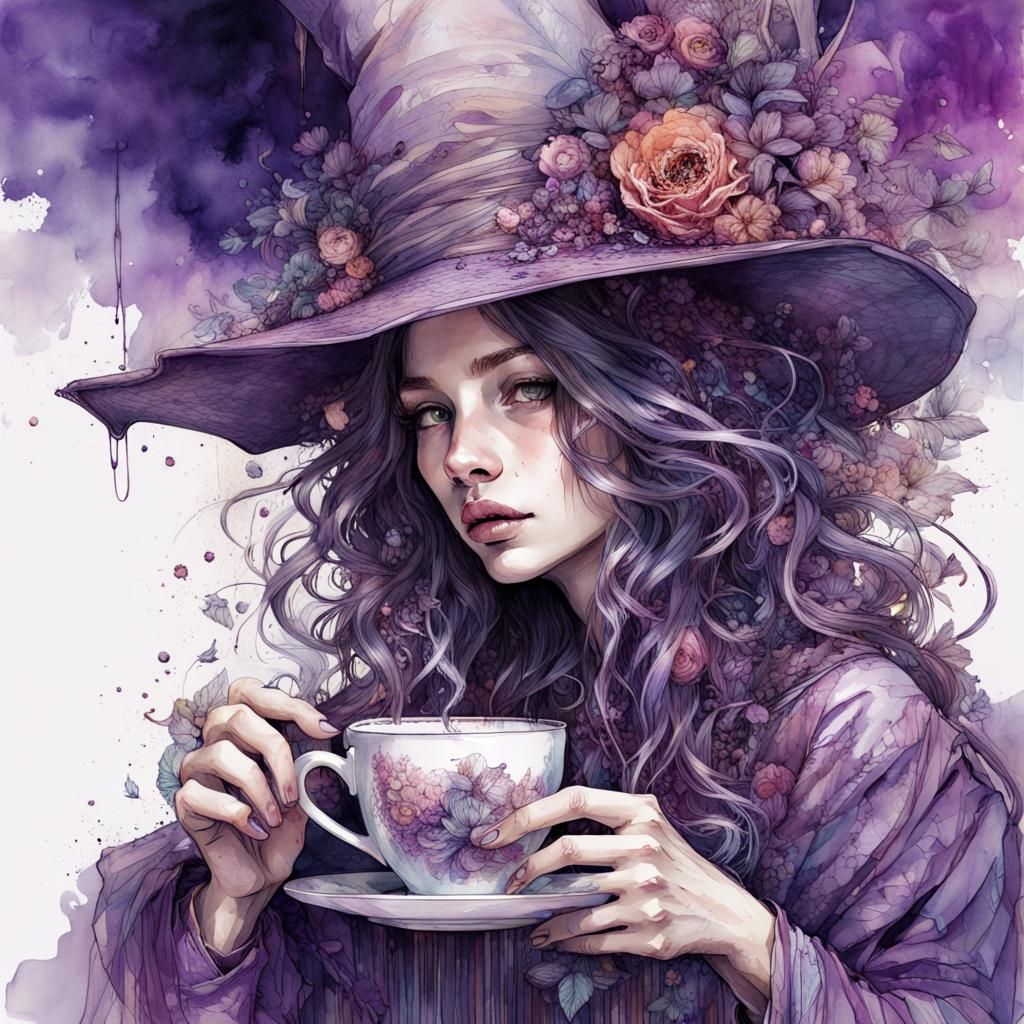 Purple Witch Coffee Break: Watercolour Fantasy Art