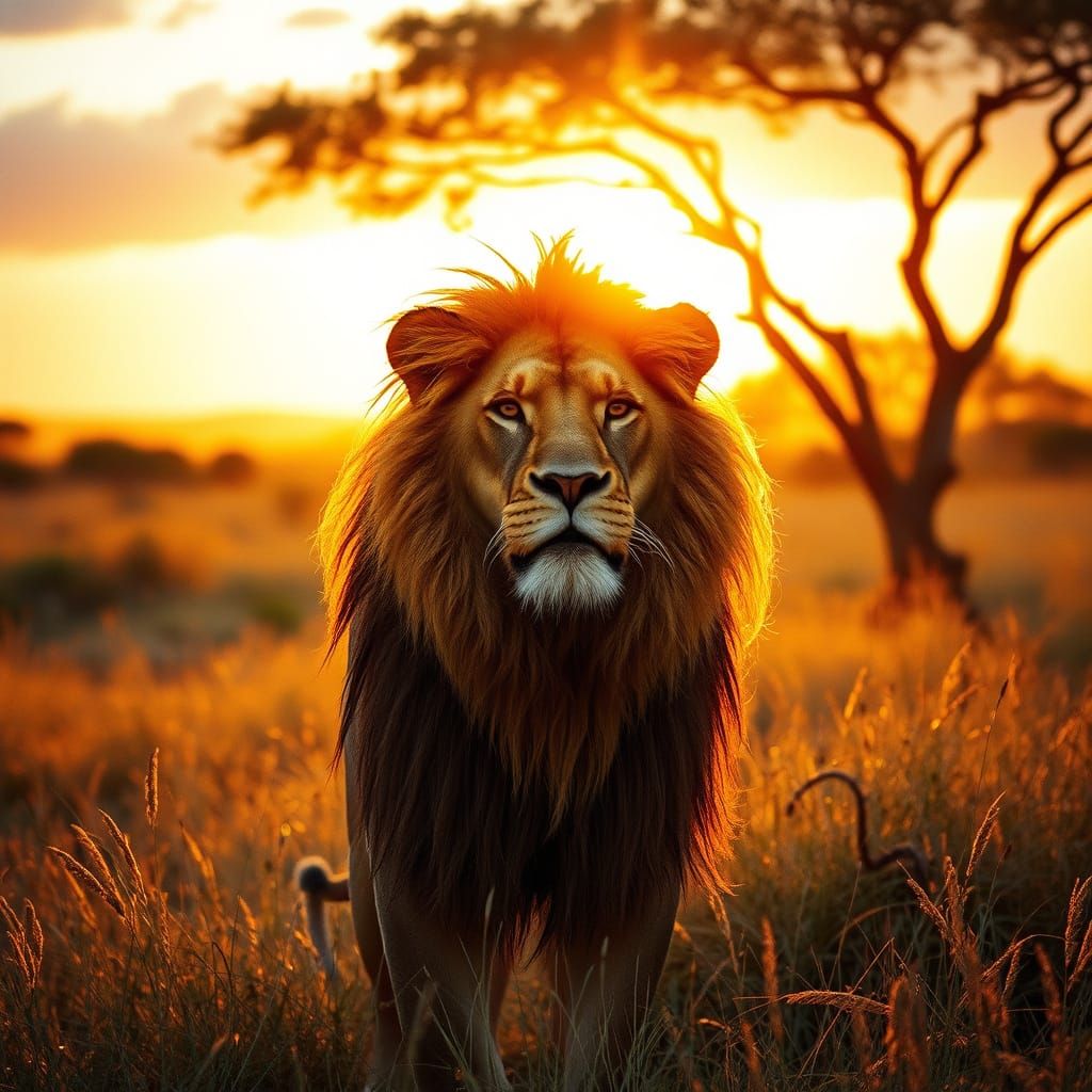 Regal Lion in Sunset Savannah