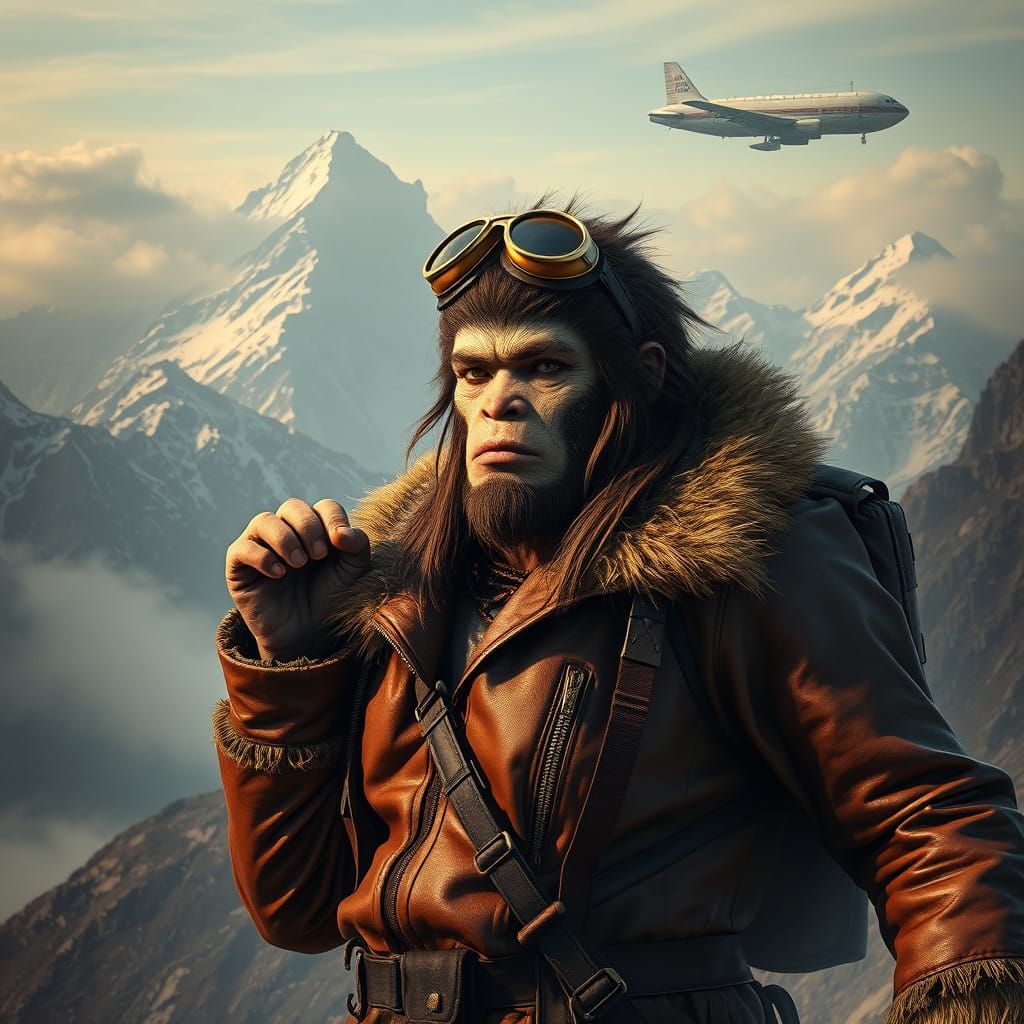 Majestic Yeti Heroine in Vintage Flight Gear, Amidst Retro-F...