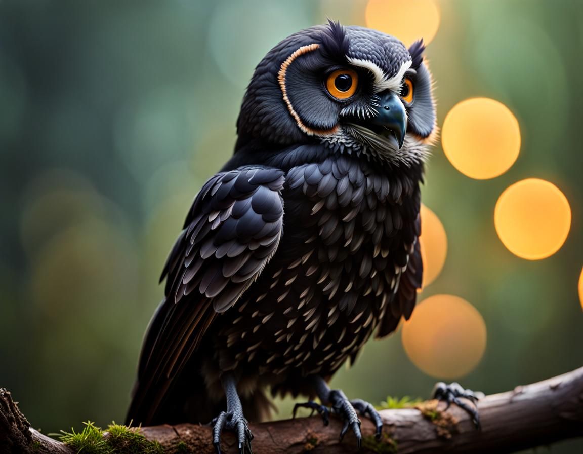 Hyperrealistic Crow-Owl Hybrid Portrait with Bokeh