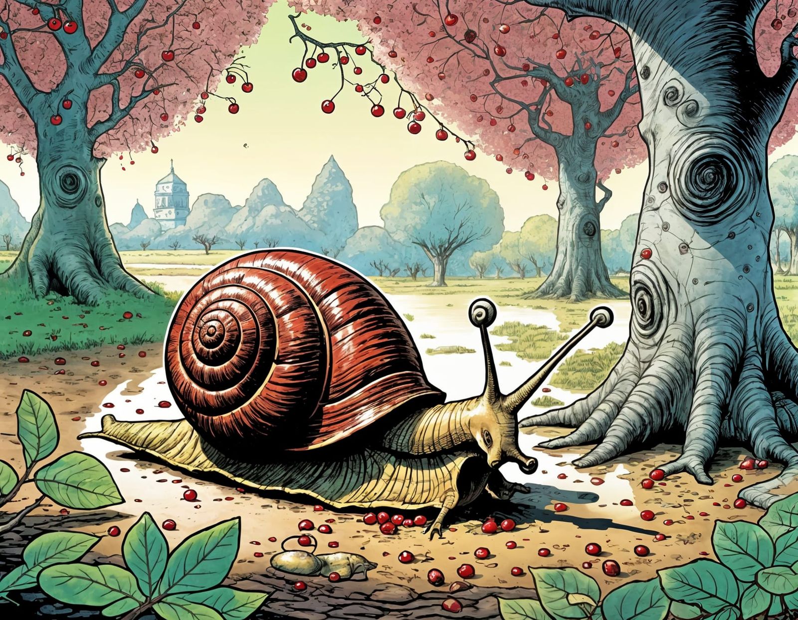 Cartoon Snail and Cherry Tree, Moebius Style
