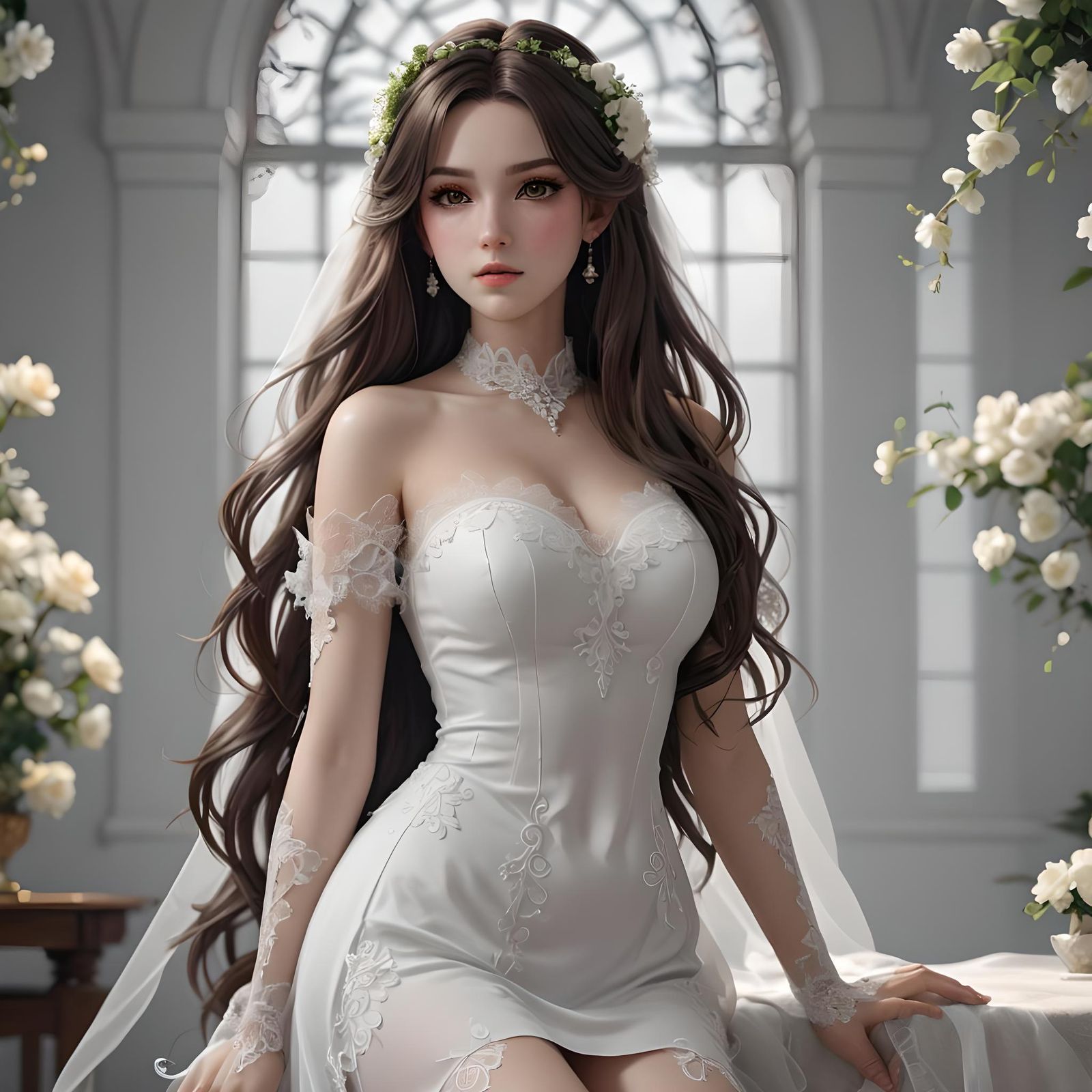 Beauty brunette, long hair, white wedding hosiery