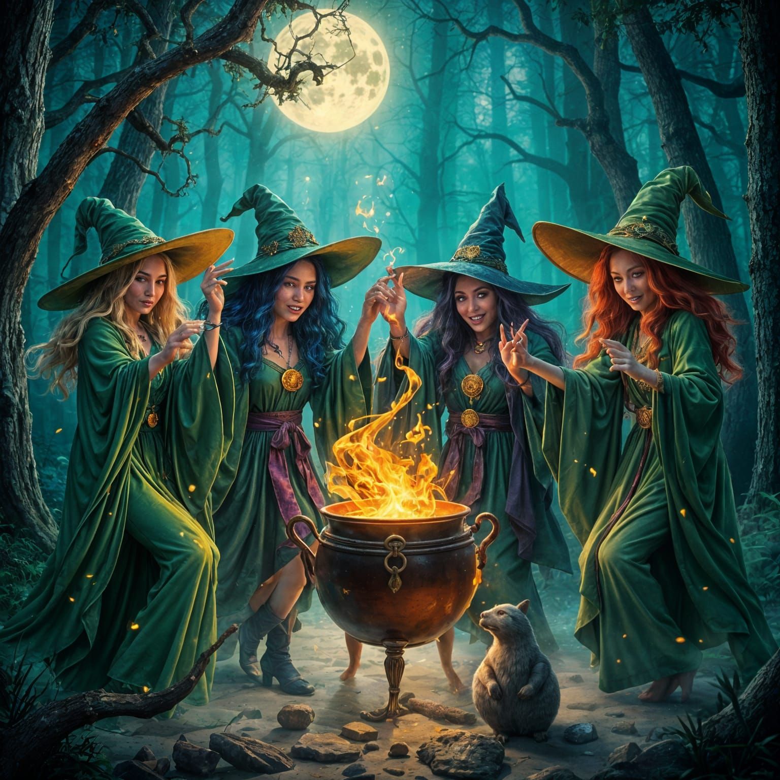Mystical Witches Celebrate Under Moonlit Forest Canopy