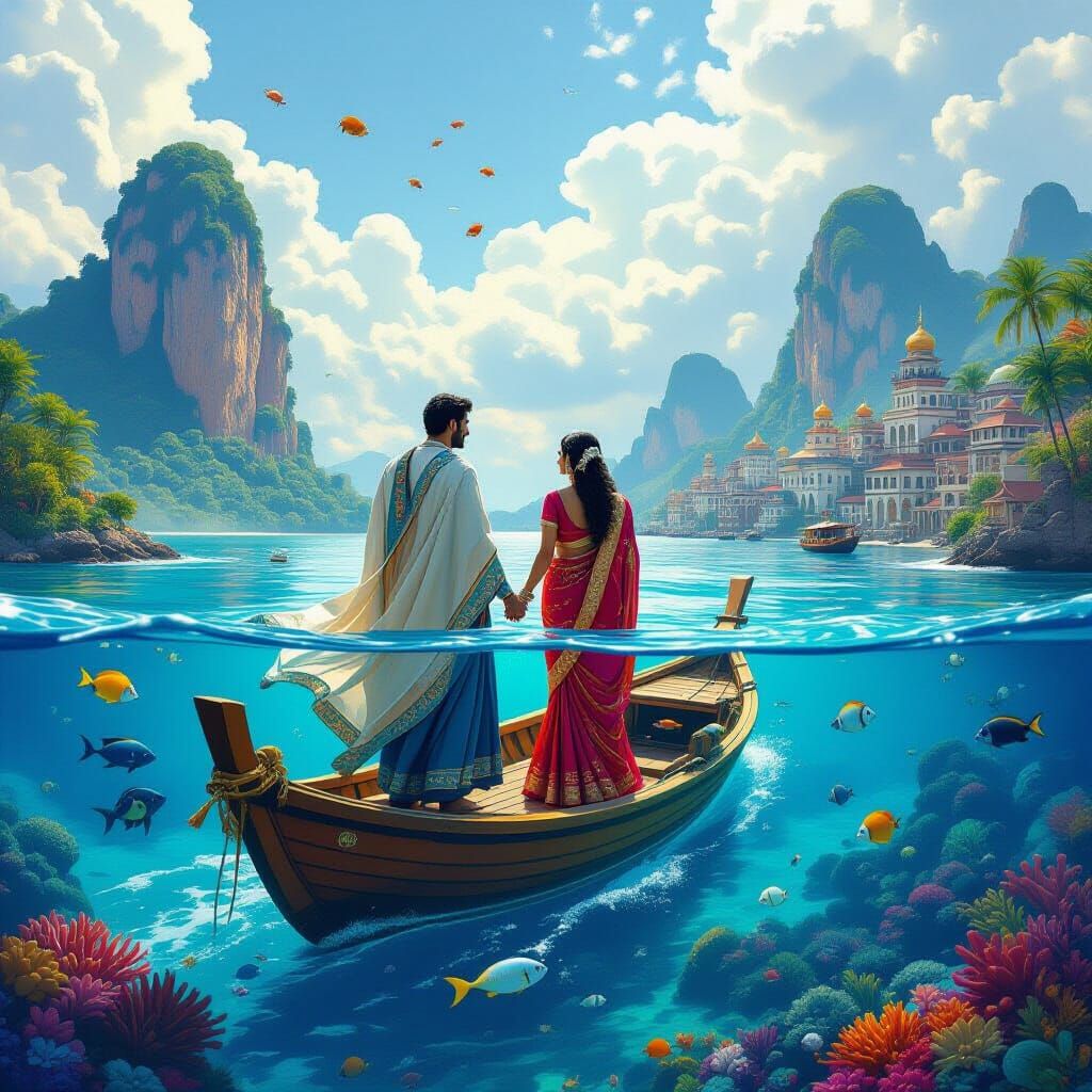 Sailboat Over Underwater Kingdom: Futuristic Illustration