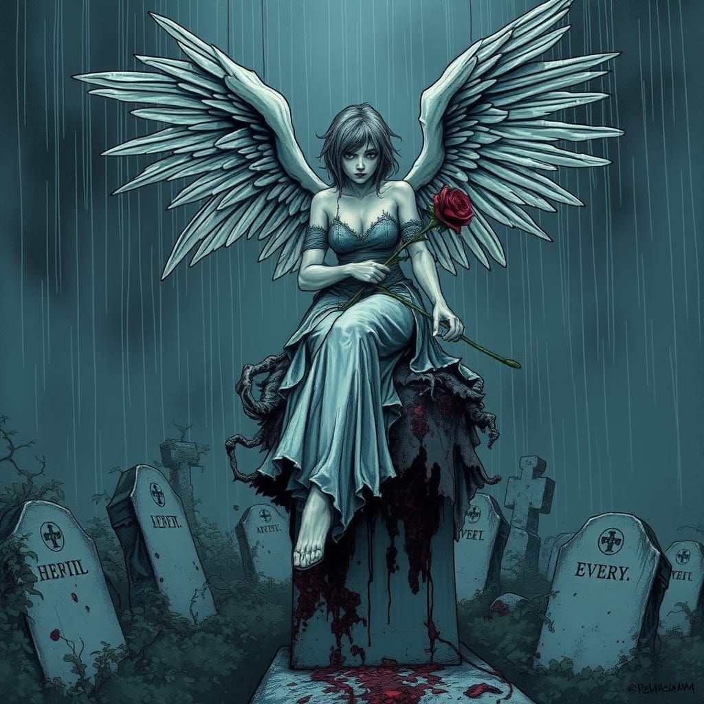 Gothic Angel in Graveyard with Black Rose