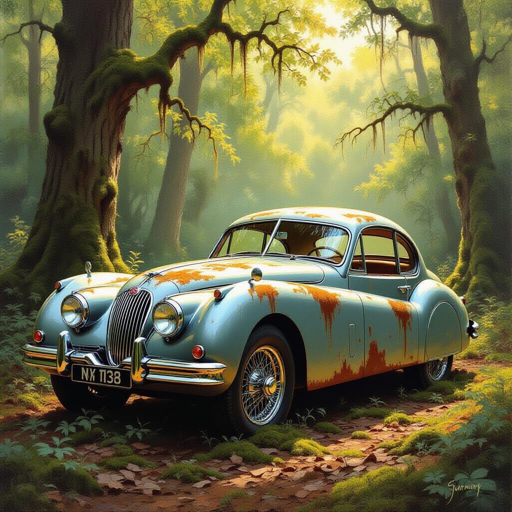 Moss Covered Jaguar XK 120 in Sunlit Woodland Oil Painting