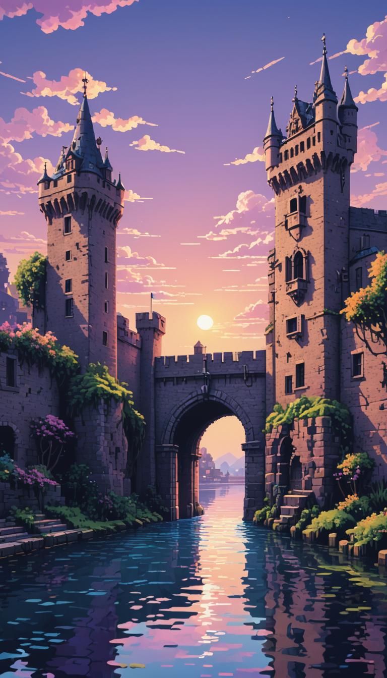 8-bit Pixel Art Castle Gate with Canal
