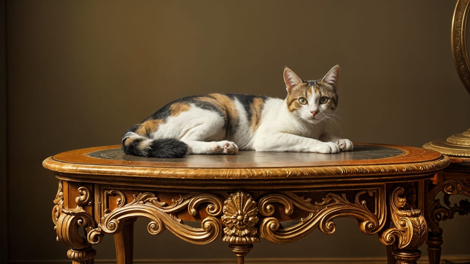 Regal Calico Cat on Antique Empire Table