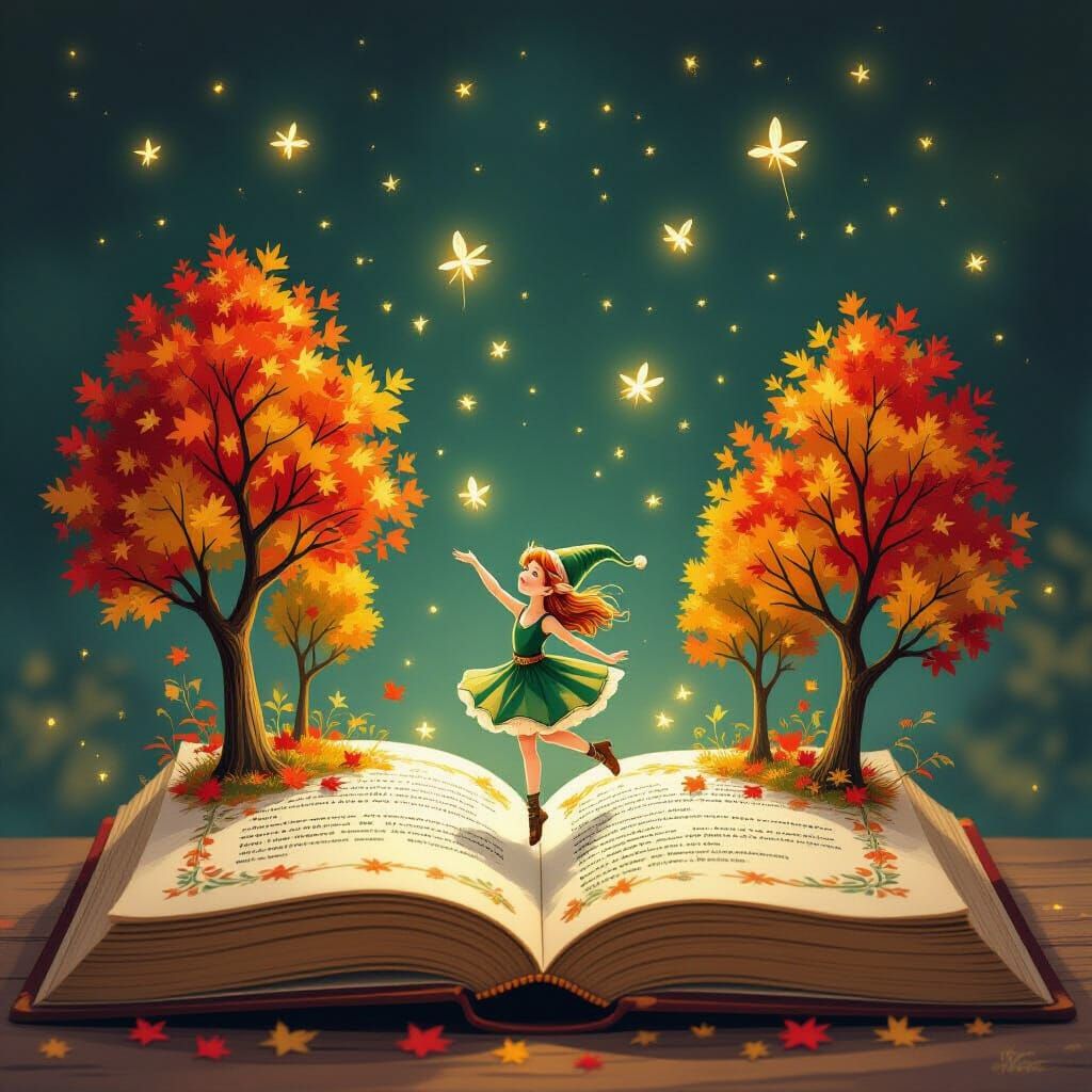 Elf Dancing on Storybook Pages Amidst Autumn Trees and Firef...