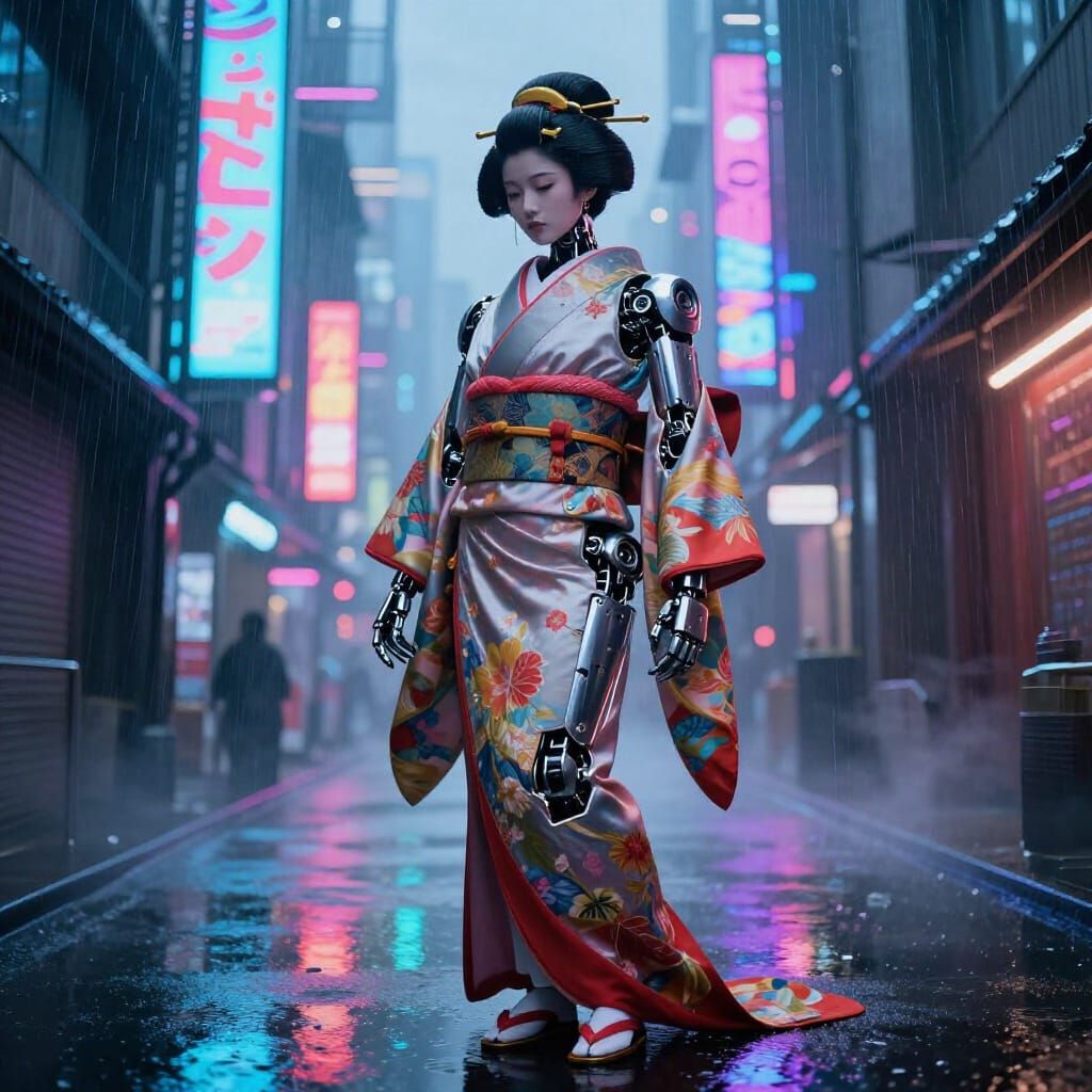 Robot Geisha in Neon Cyberpunk Alleyway