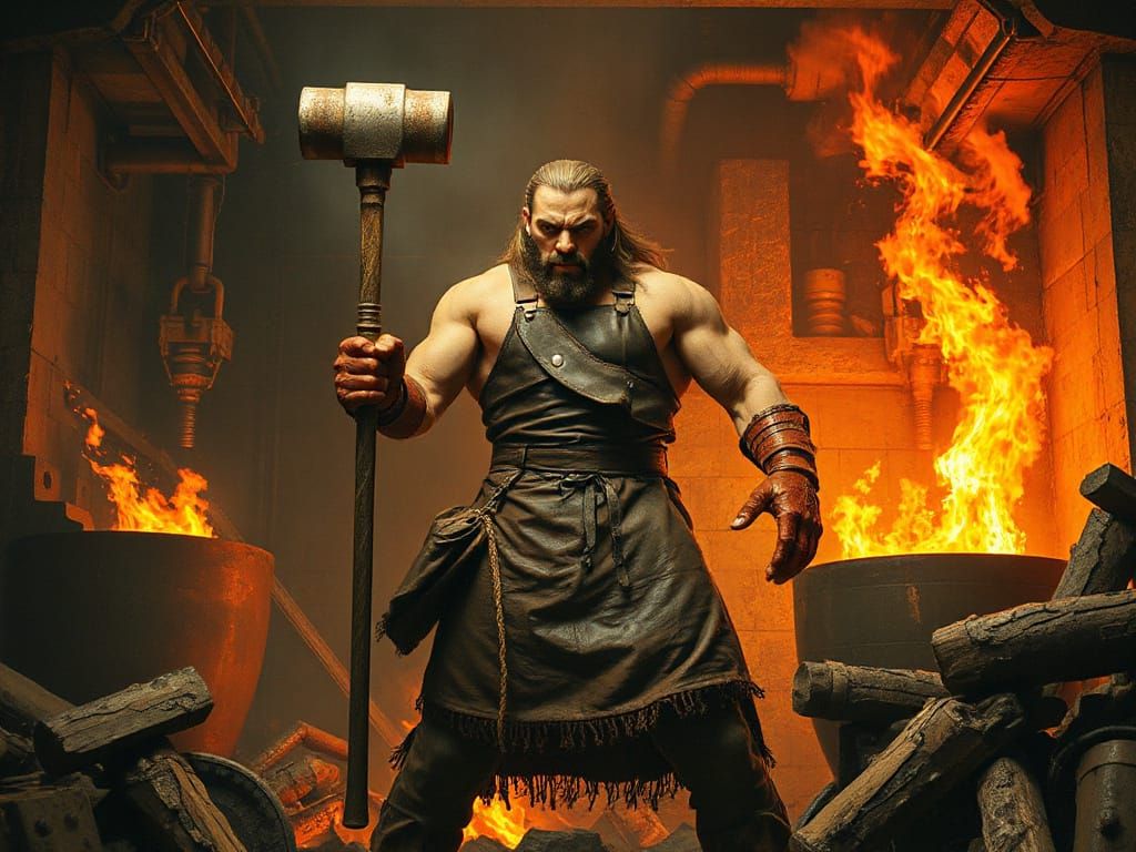 Forge God in Dynamic Fantasy Art Style