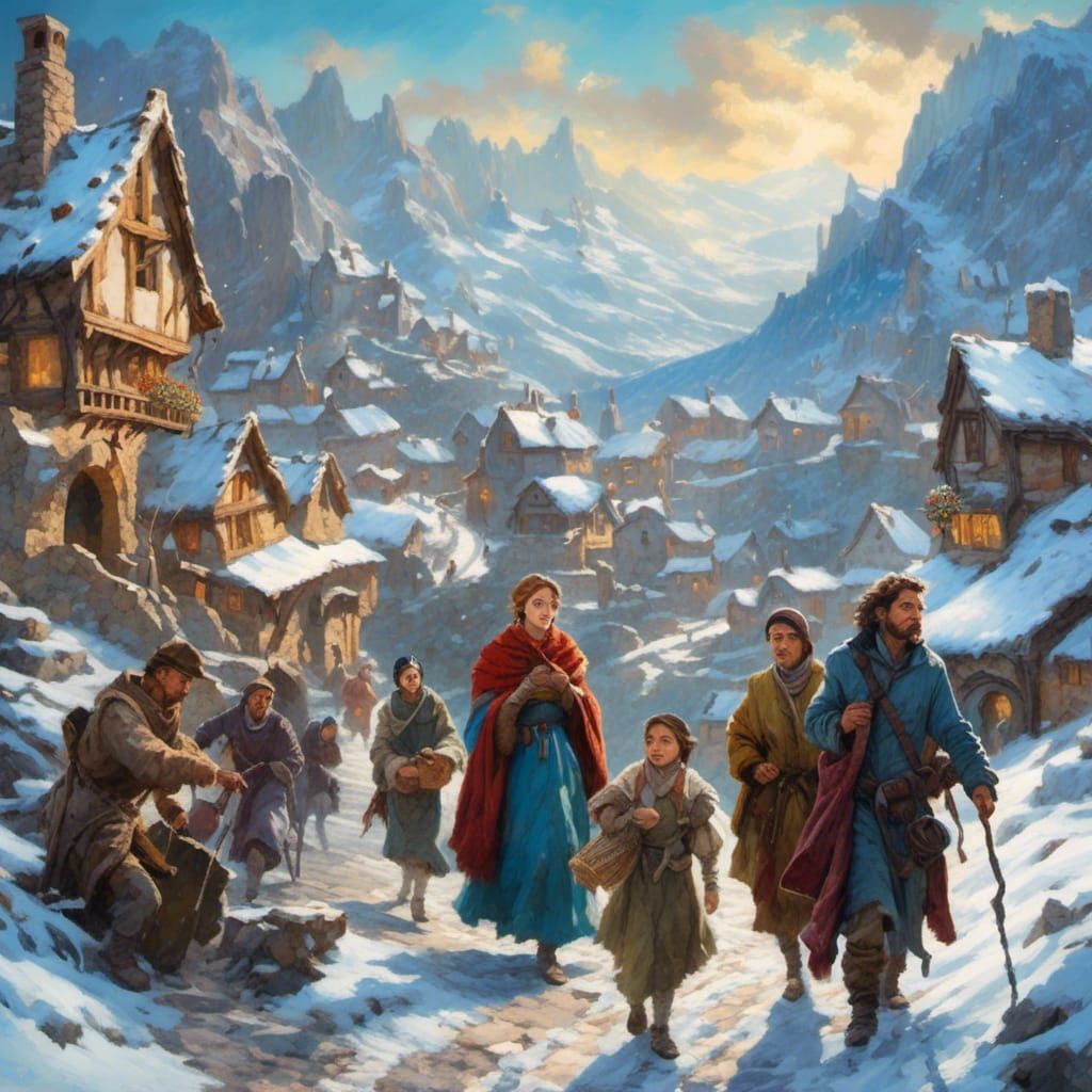 Snowy Medieval Village in Impressionist Style