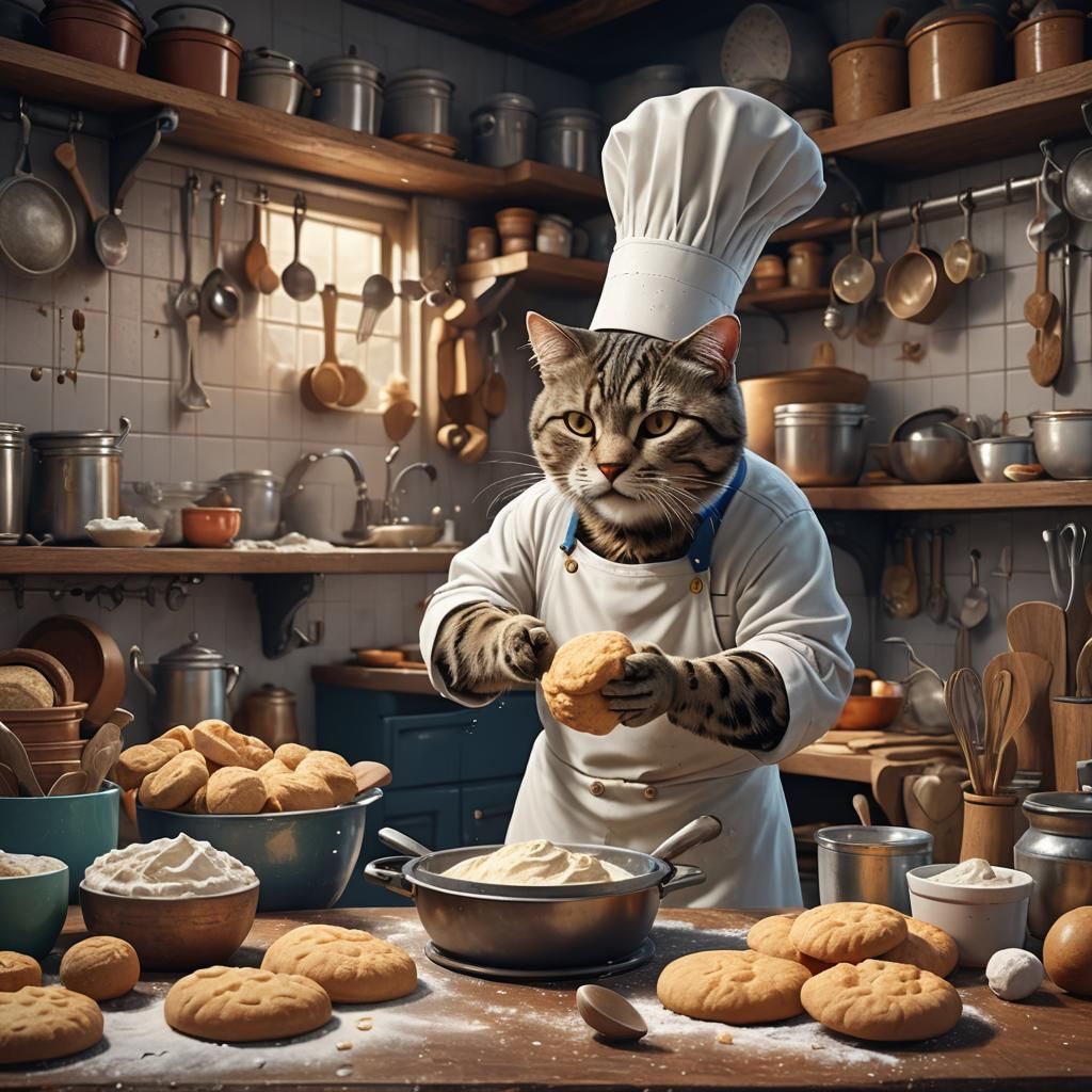 Baker Cat in Tiny Kitchen: Fantasy Concept Art