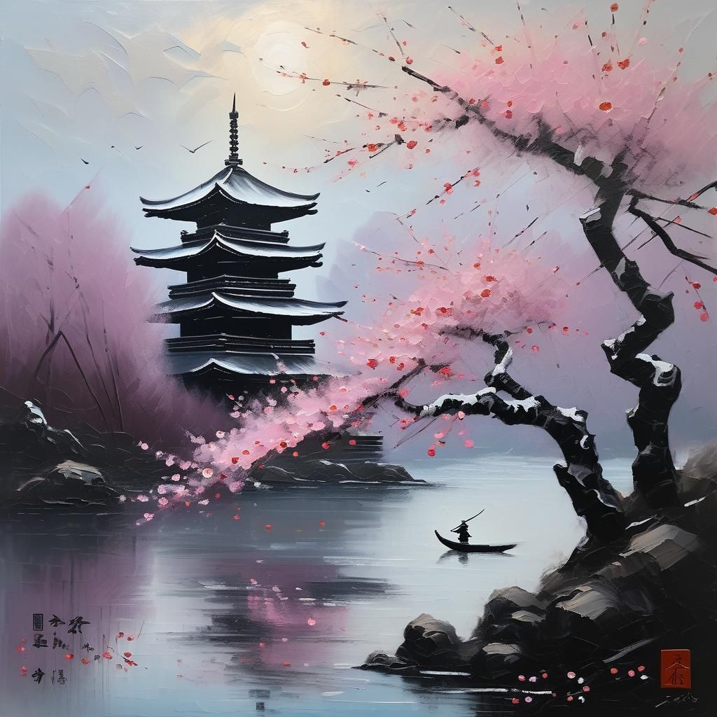 Samurai in Winter Landscape with Plum Blossoms
