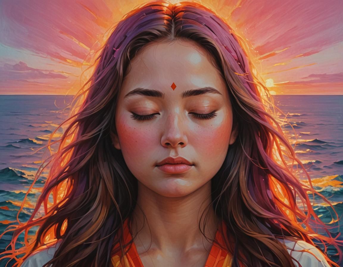 Serene Woman Meditating at Sunset: Abstract Portrait
