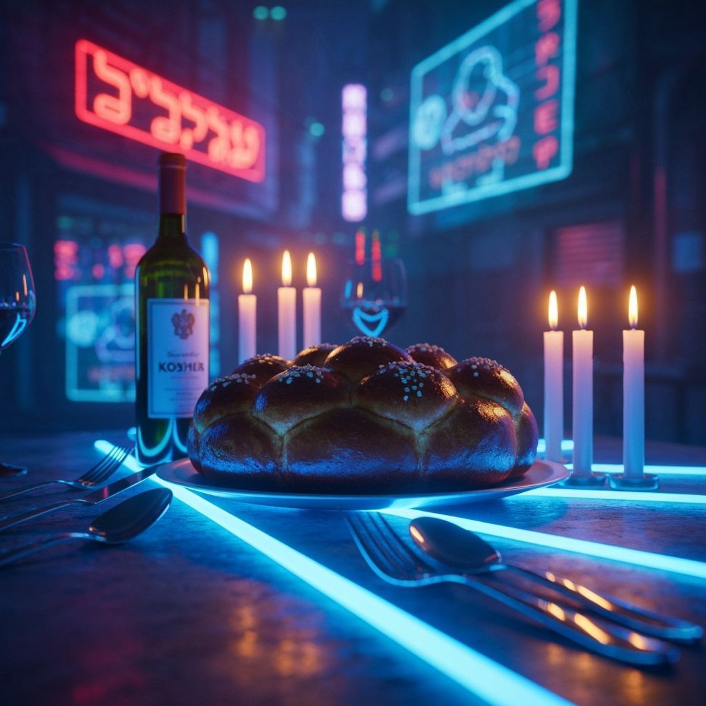 Cyberpunk Shabbat Table with Floating Cutlery
