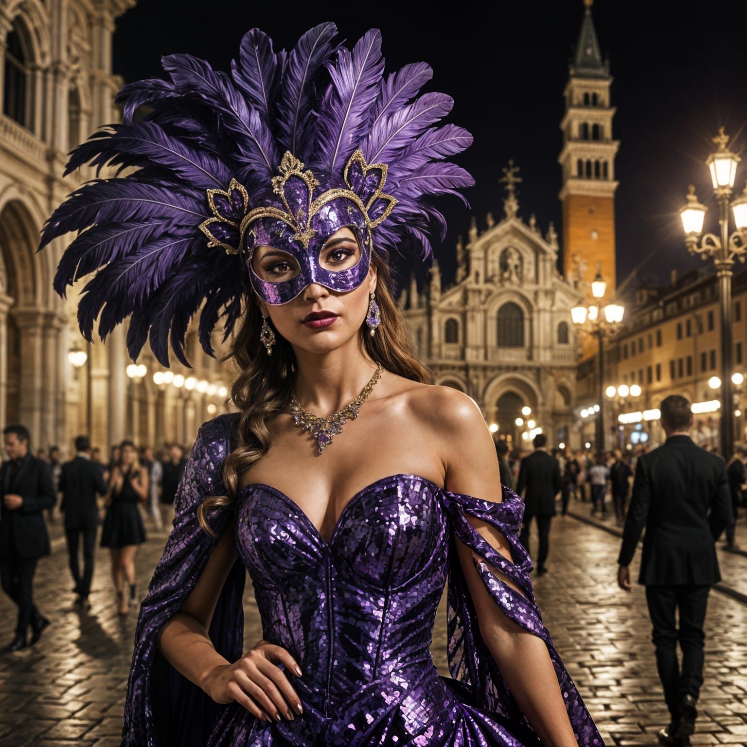 Elegant Woman in Lavish Mask and Gown in Piazza San Marco at...