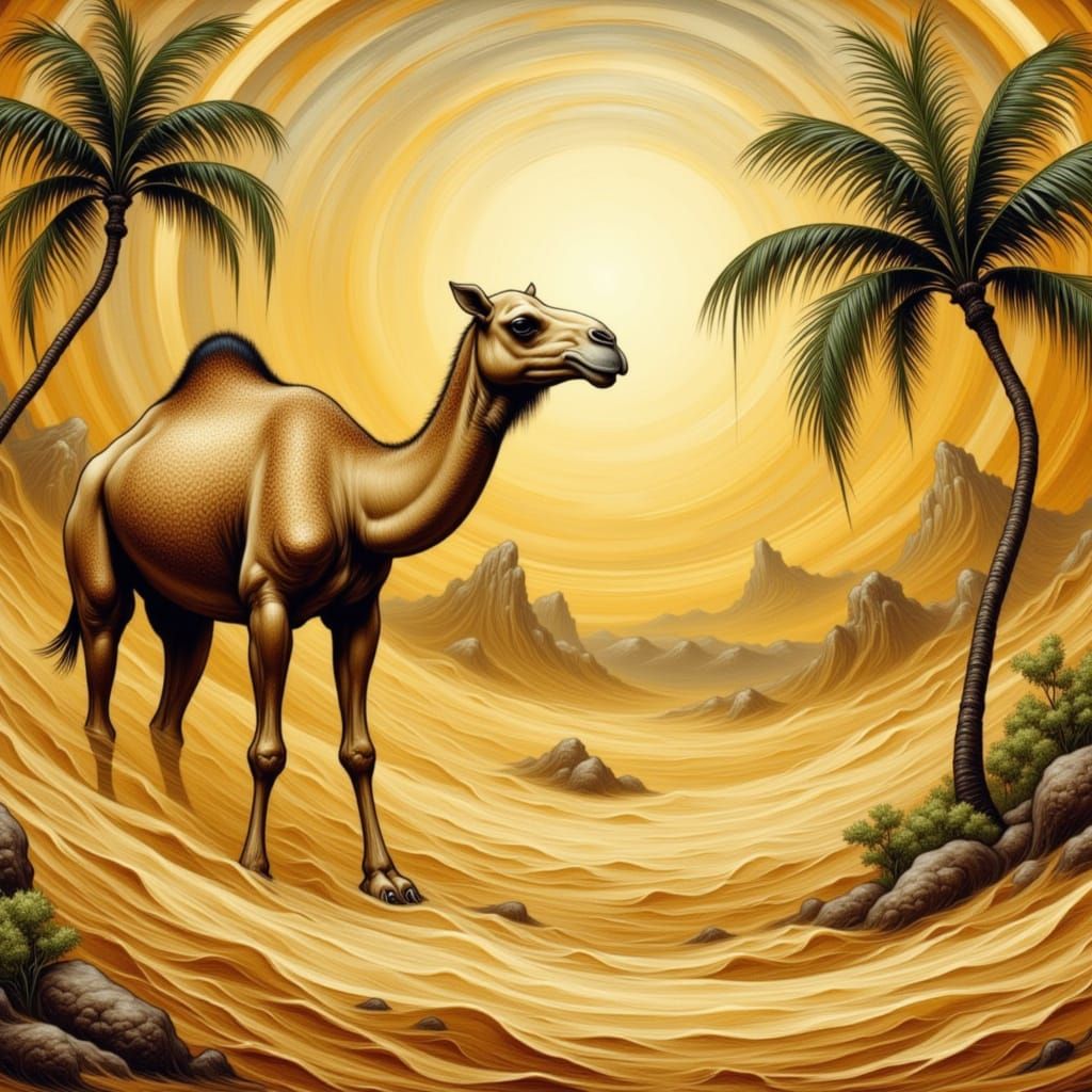 Happy Camel in an Abstract Desert Oasis