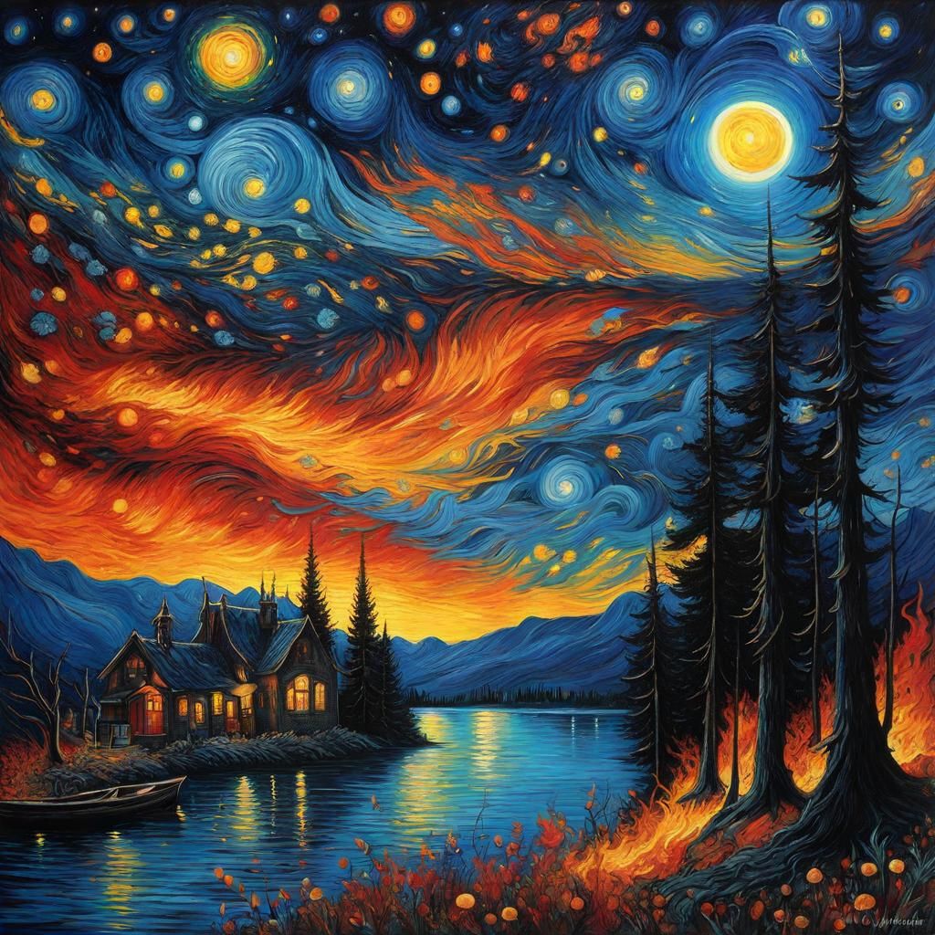 Gothic Van Gogh: Burning Embers in Winter Night
