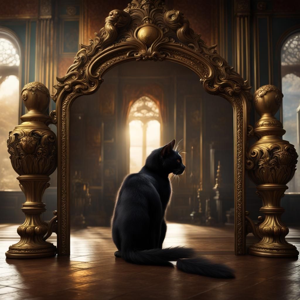 Black Cat's Reflection: A Lion in the Mirror