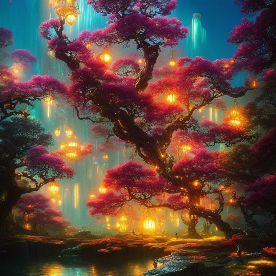 Bioluminescent Steampunk Dreamscape with Rainbow Flora