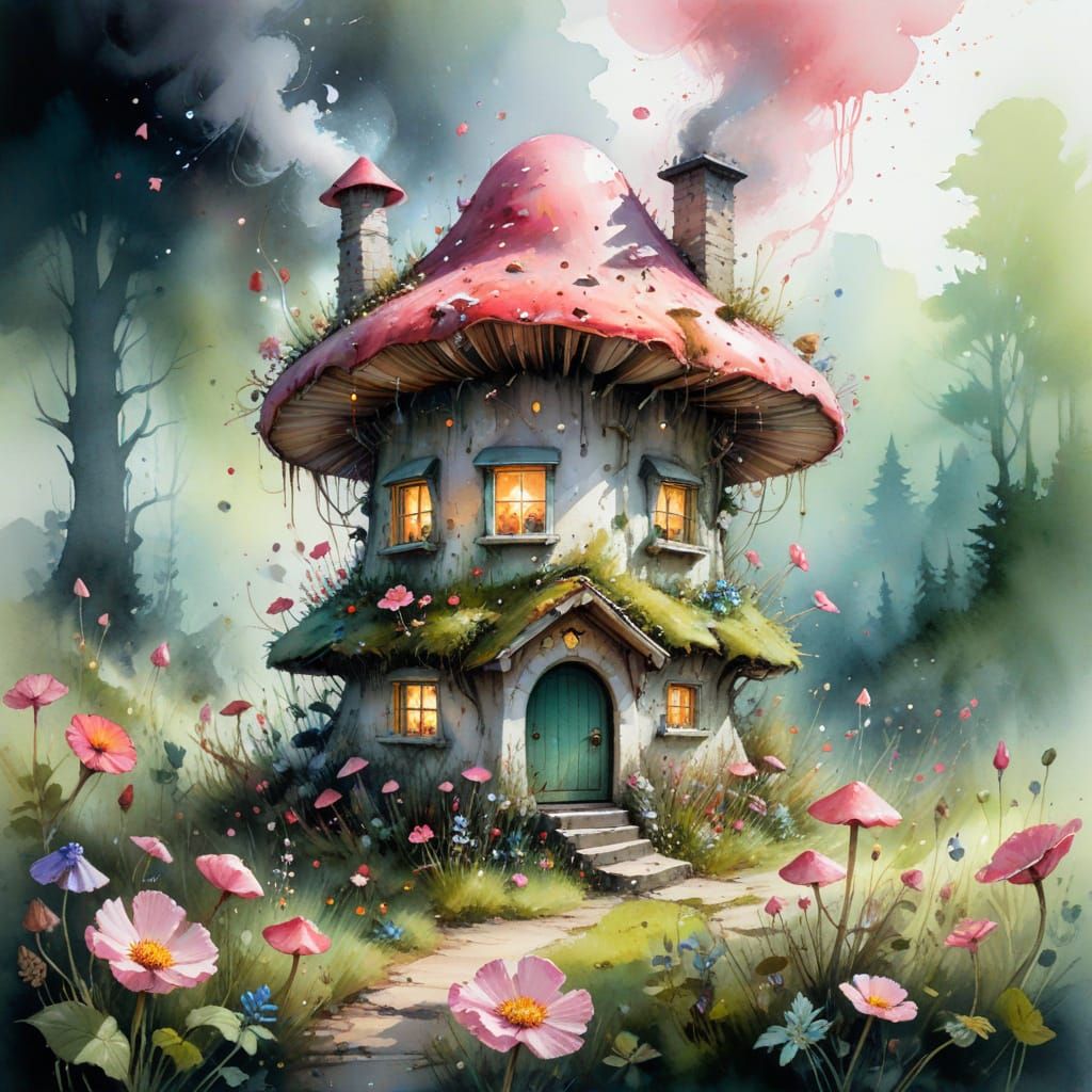 Enchanting Fairy Mushroom House in Watercolor Style