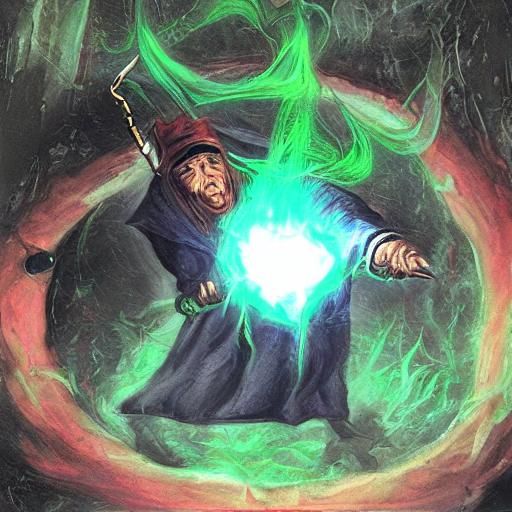 Sorcerer Casting Green Magic in Darkness