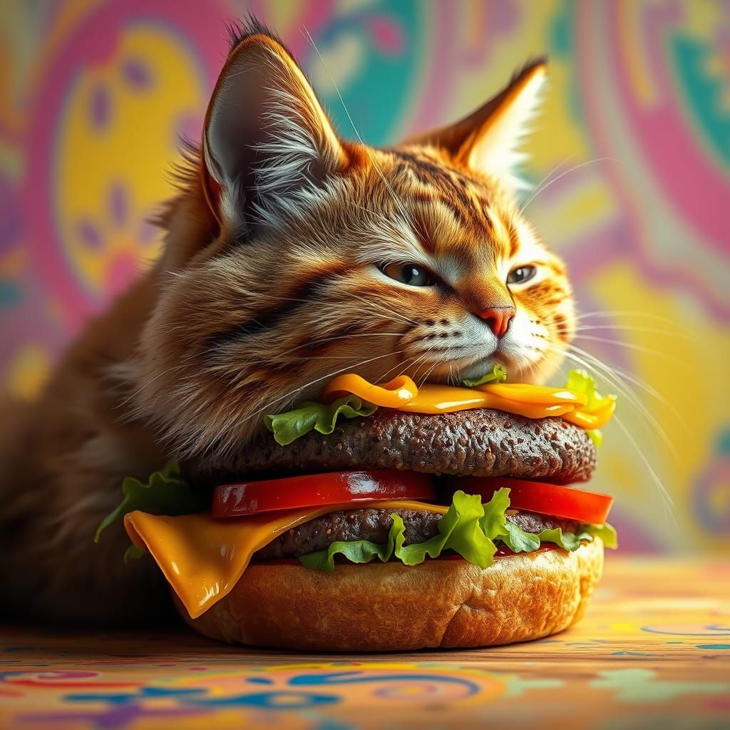 Cat-Burger Hybrid in Hyperrealistic Digital Art