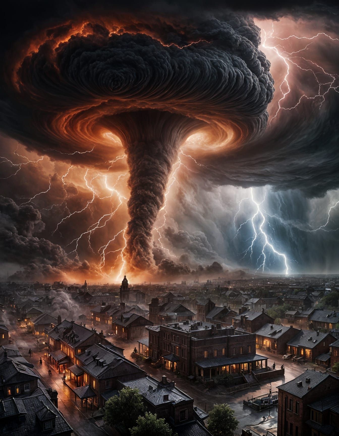 Tornado twisting at speed with dust cloud and lighting eluminating a small town emitting shades of red with the lighteni...