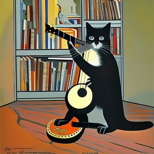 Cat Playing Guitar in Detailed Gouache Painting