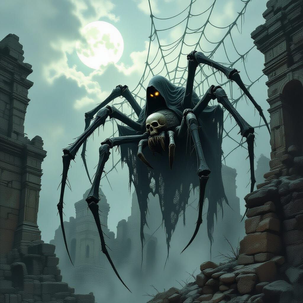 Undead Spider Climbing Web in Gothic Ruins