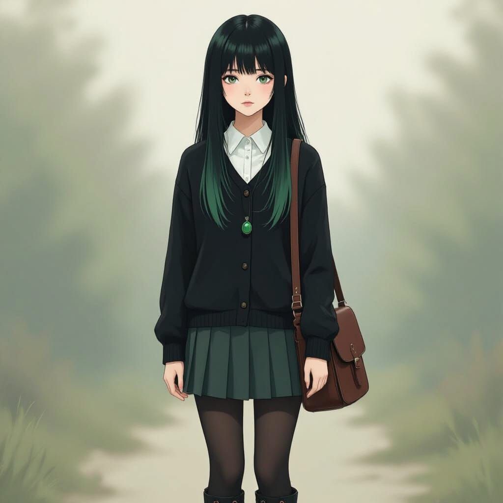 Girl with Green Highlights in Anime Style