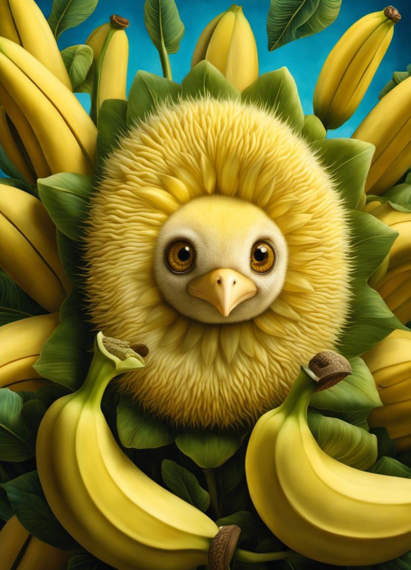 fluffy bird with bananas