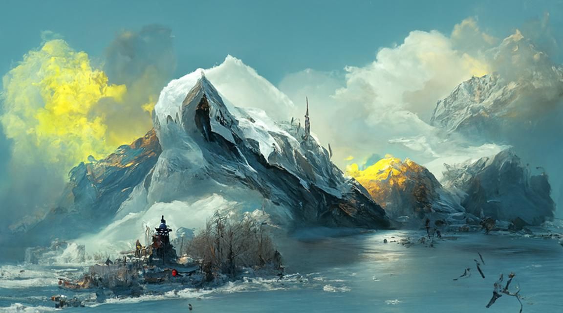 Snowy Mountain Lake with Aurora in Art Deco Style