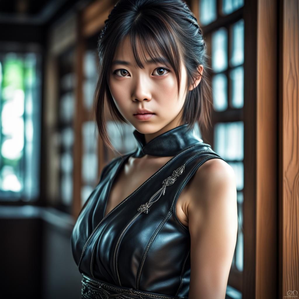 Hyperrealistic Japanese Girl in Leather Dress