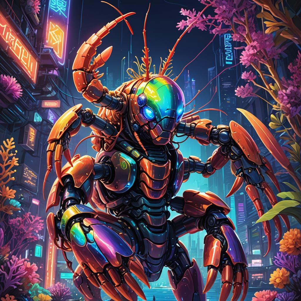 Rainbow Lobster Robot in Sci-Fi Underwater Cityscape