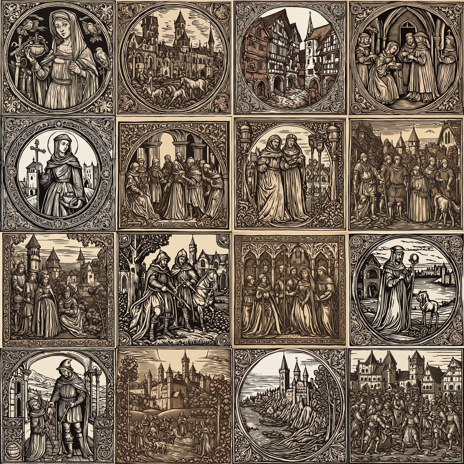 Medieval Art in Woodcut Style