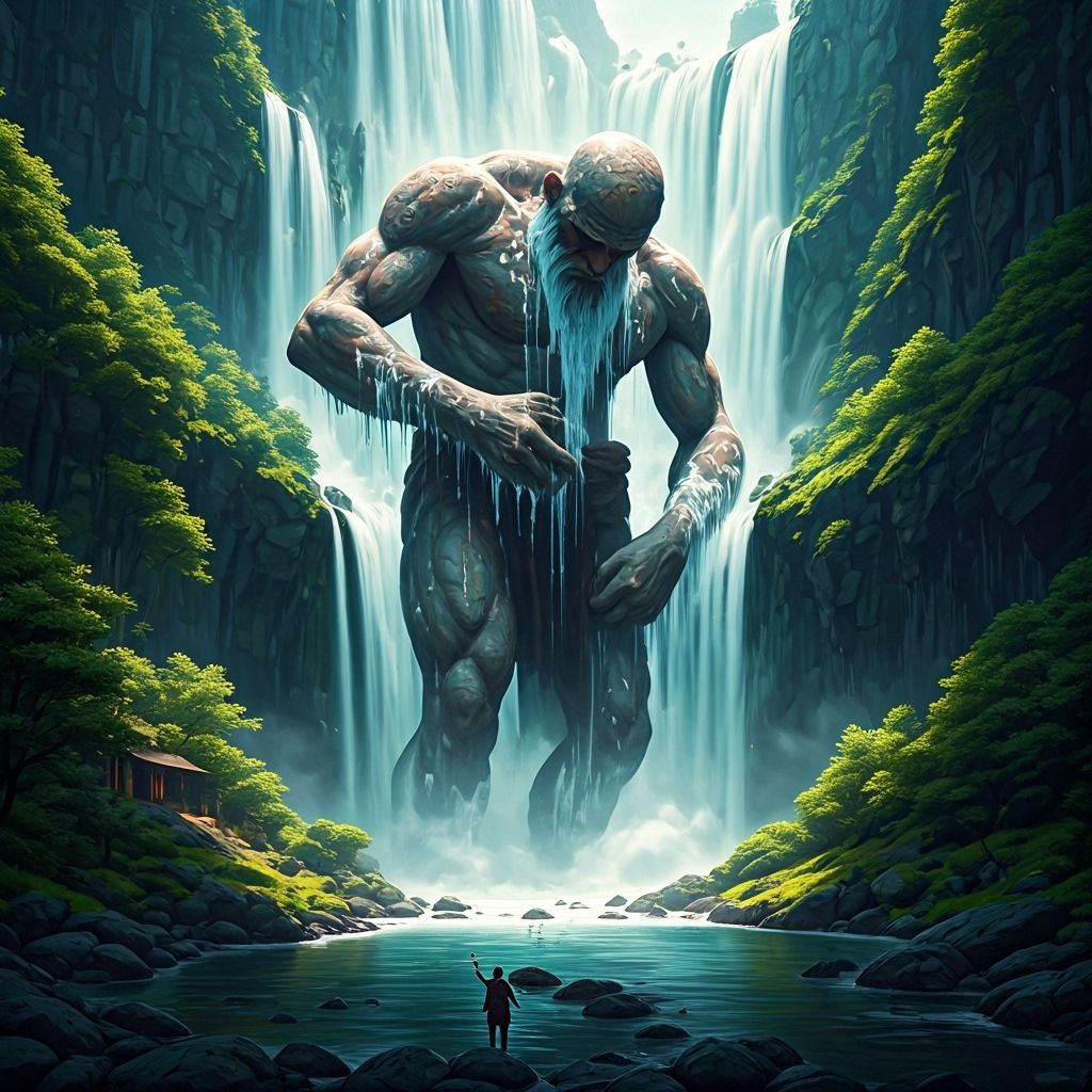 Giant Washing in Waterfall, Miniature Villages Below