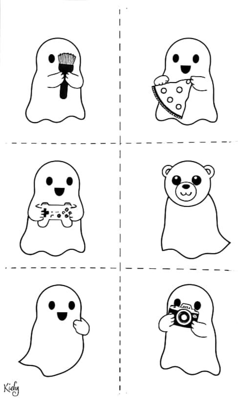 Six Simple Line Art Ghosts Holding Objects