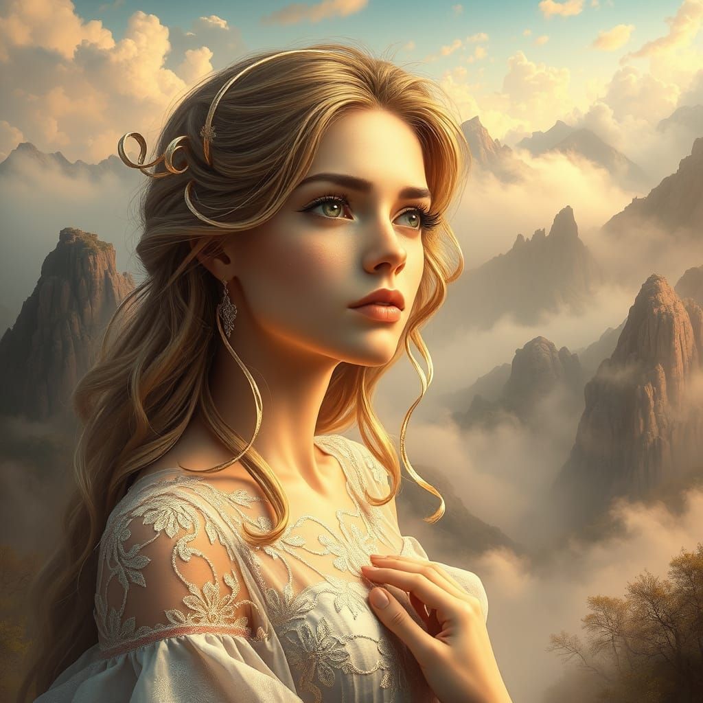 Ethereal Filigree Figure in Misty Valley Landscape