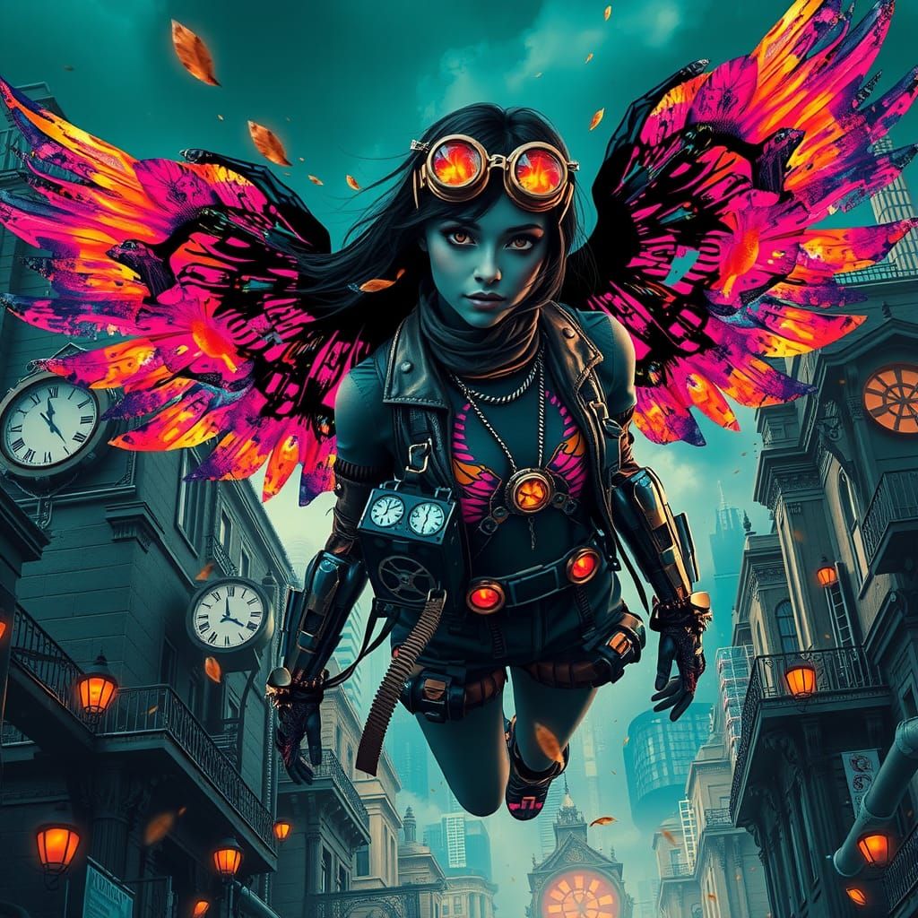 Steampunk Android Soaring Through Metropolis